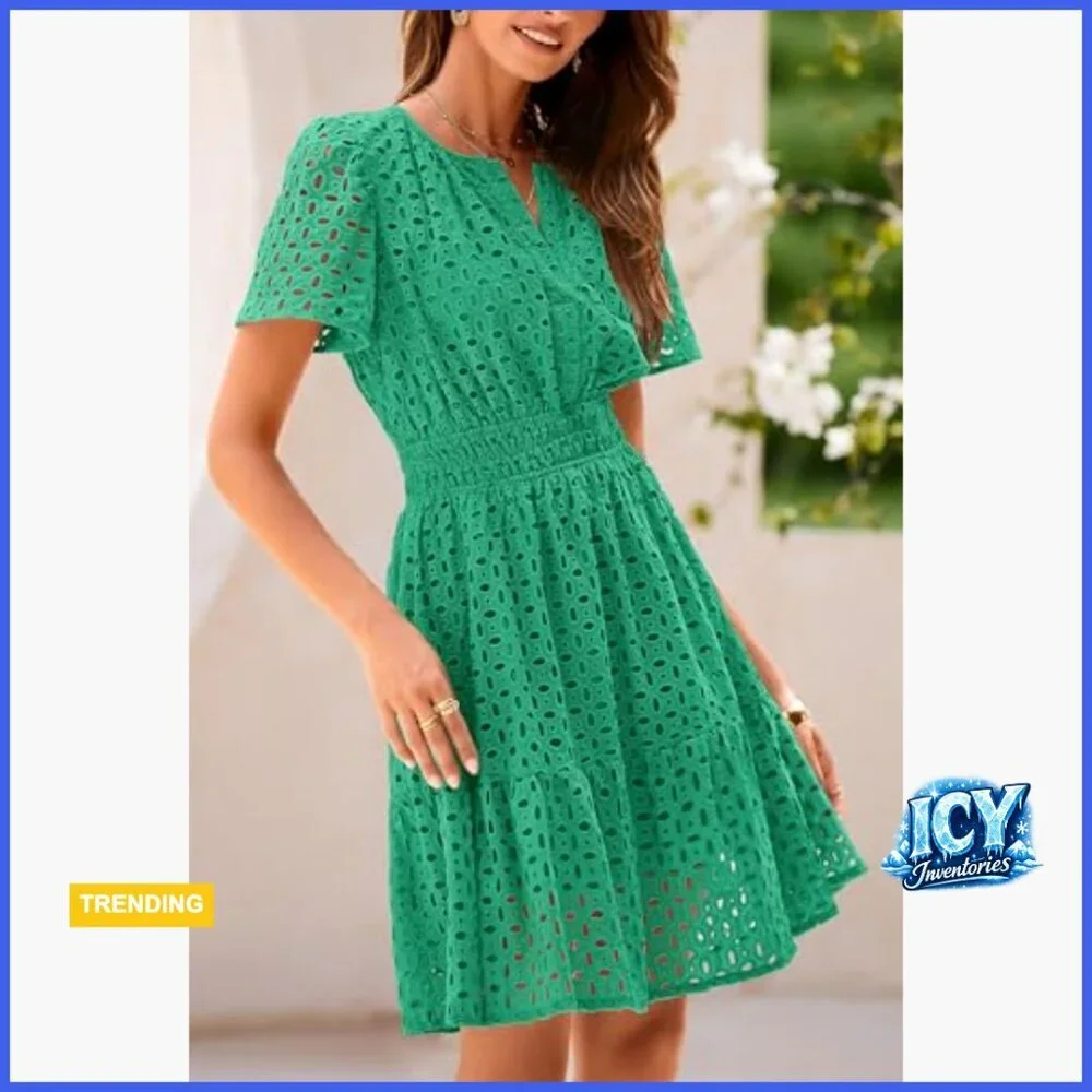 Cotton Hollow Out Lace V-Neck A-Line Mini Dress